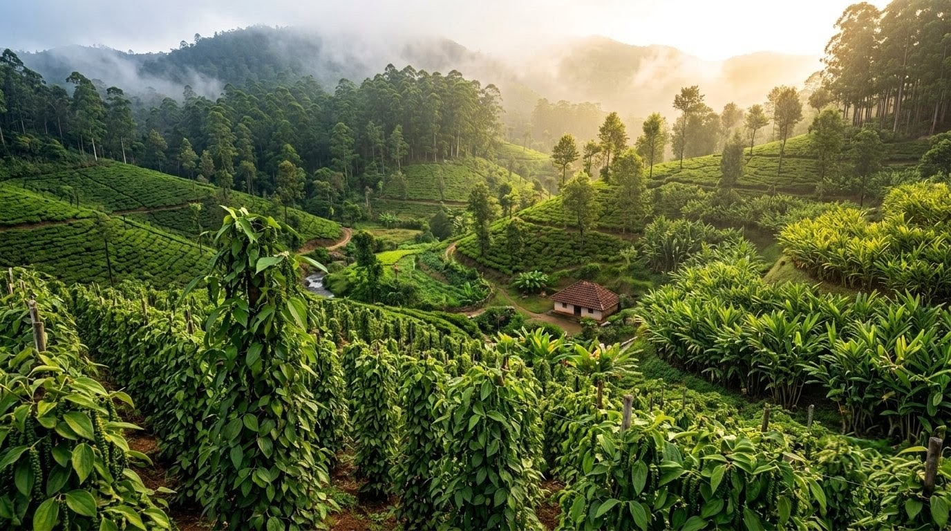 A spice farm in South India at sunrise